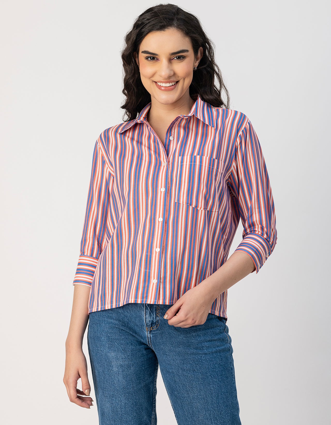 Cuff Sleeves Spread Collar Cotton Shirt