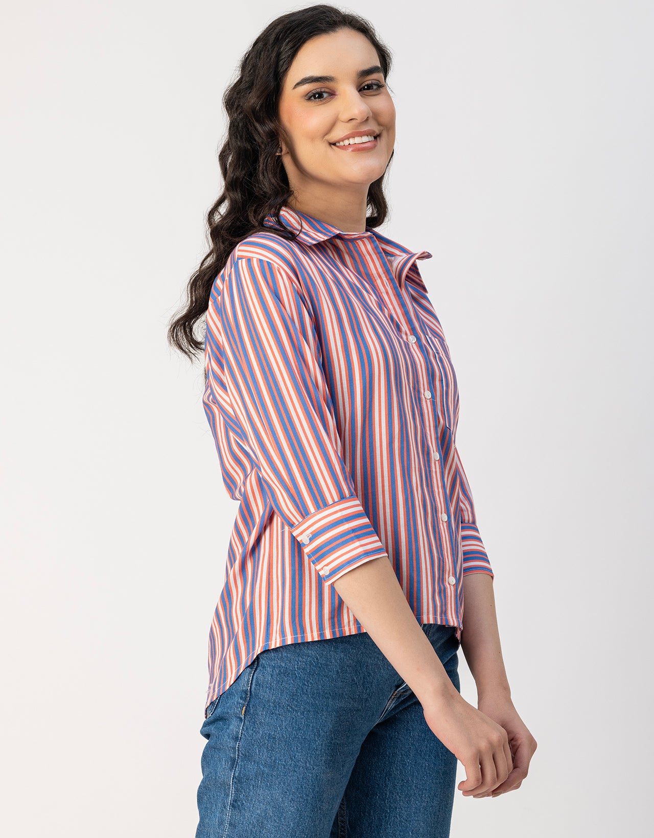 Cuff Sleeves Spread Collar Cotton Shirt