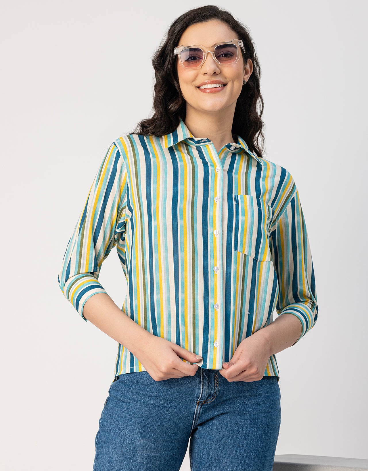 Cuff Sleeves Spread Collar Cotton Shirt