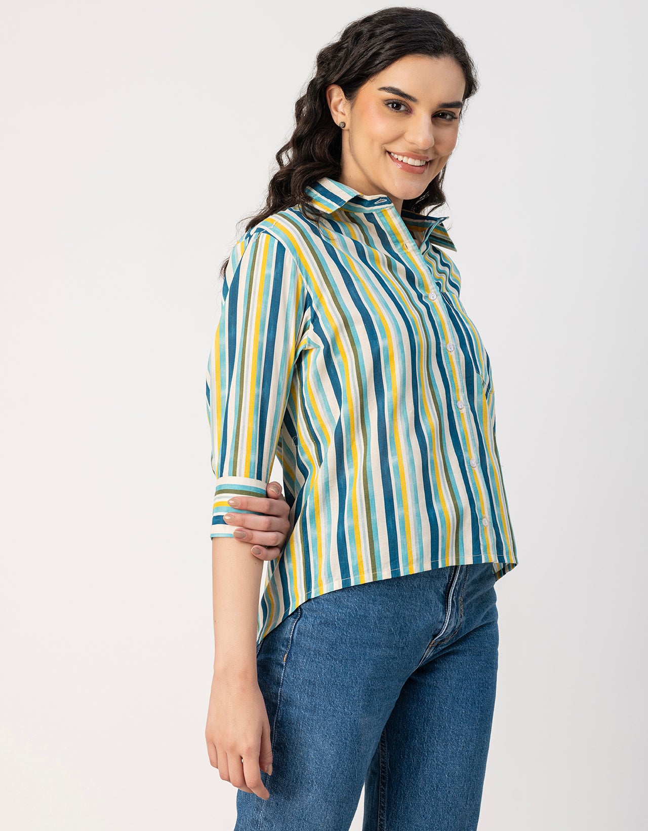 Cuff Sleeves Spread Collar Cotton Shirt