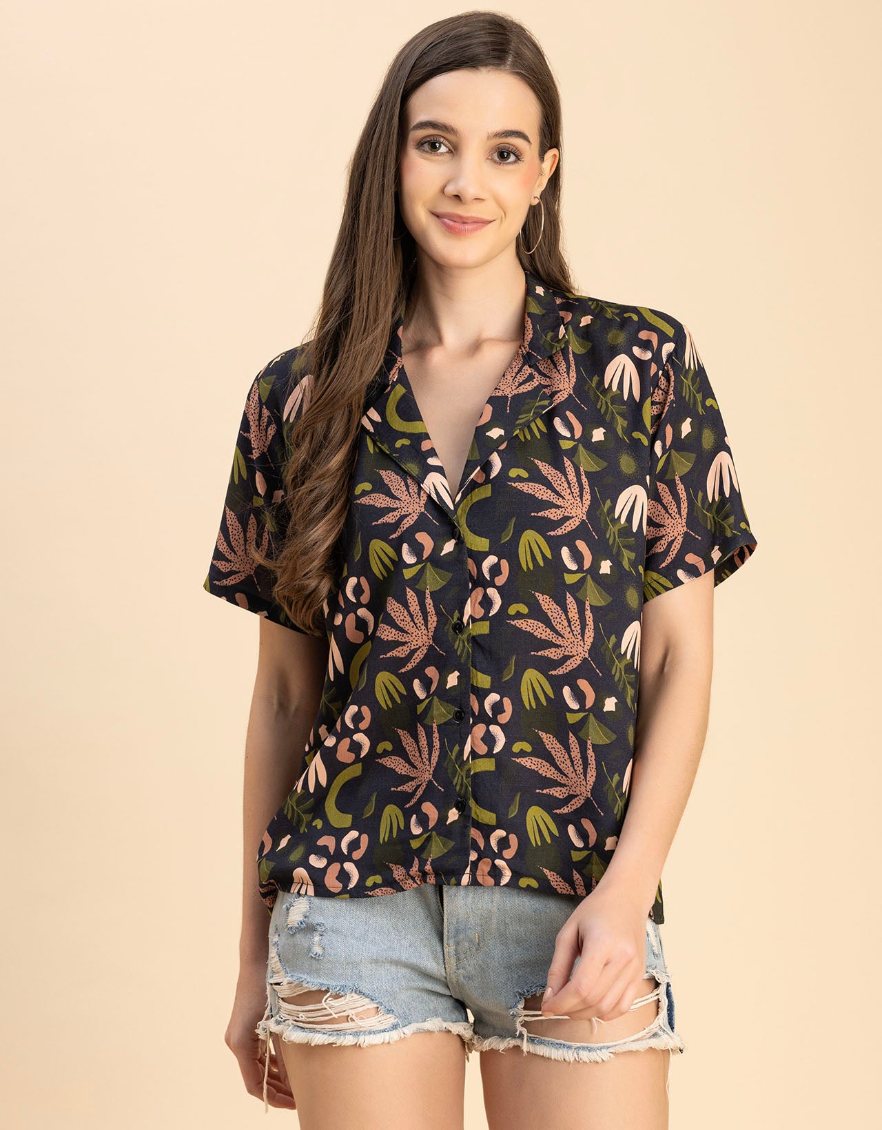 Short Sleeves Notch Collar Rayon Shirt