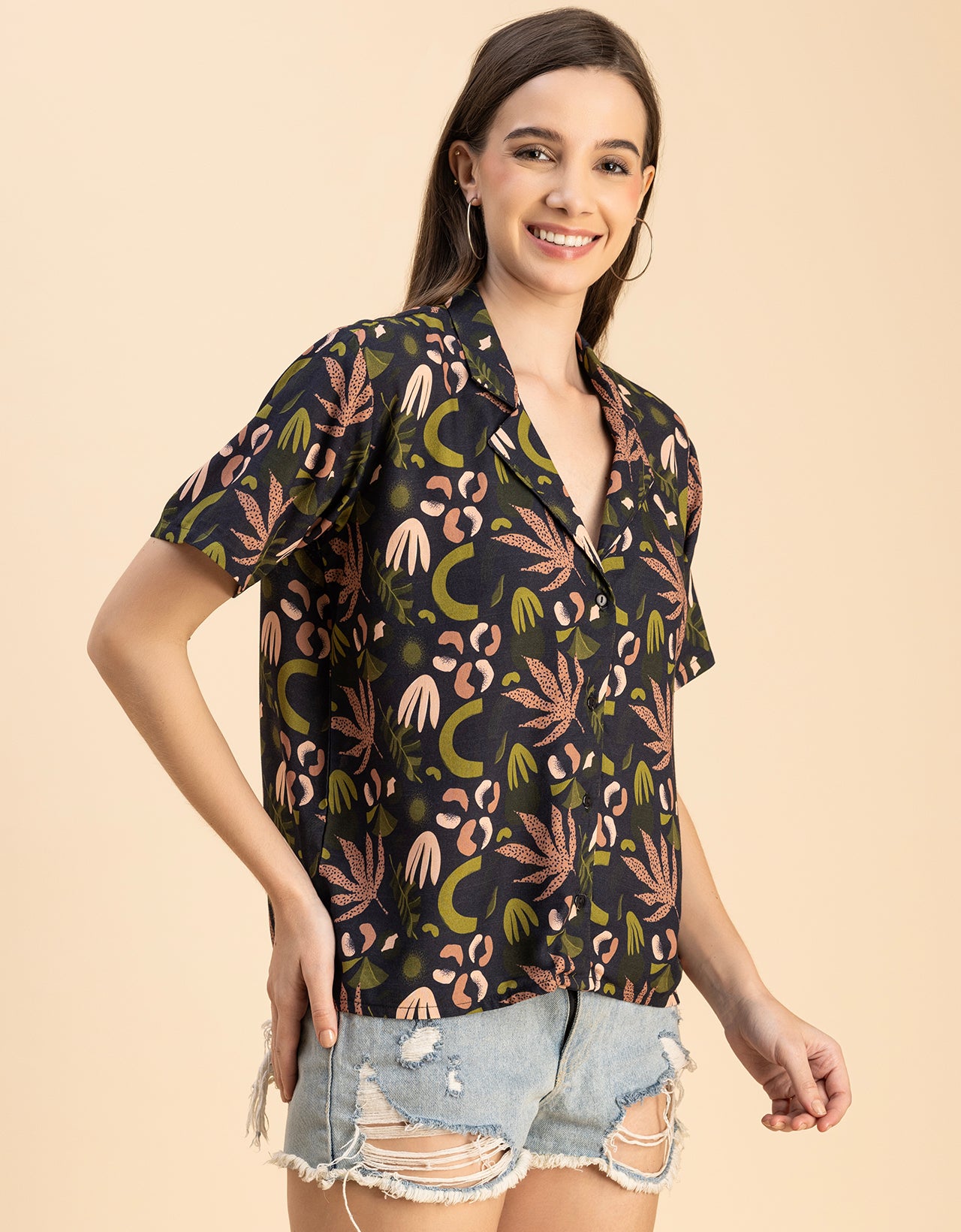 Short Sleeves Notch Collar Rayon Shirt