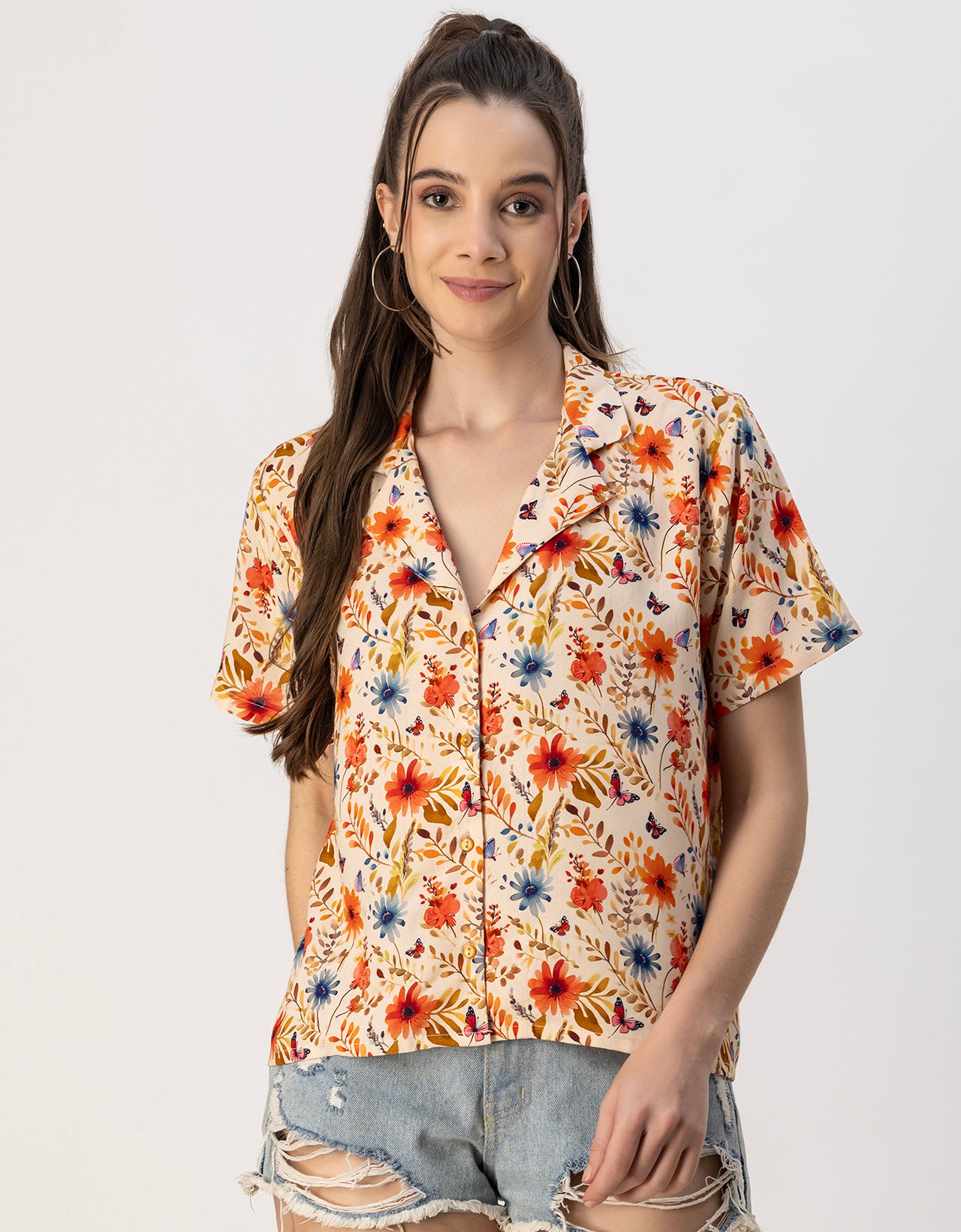 Short Sleeves Notch Collar Rayon Shirt
