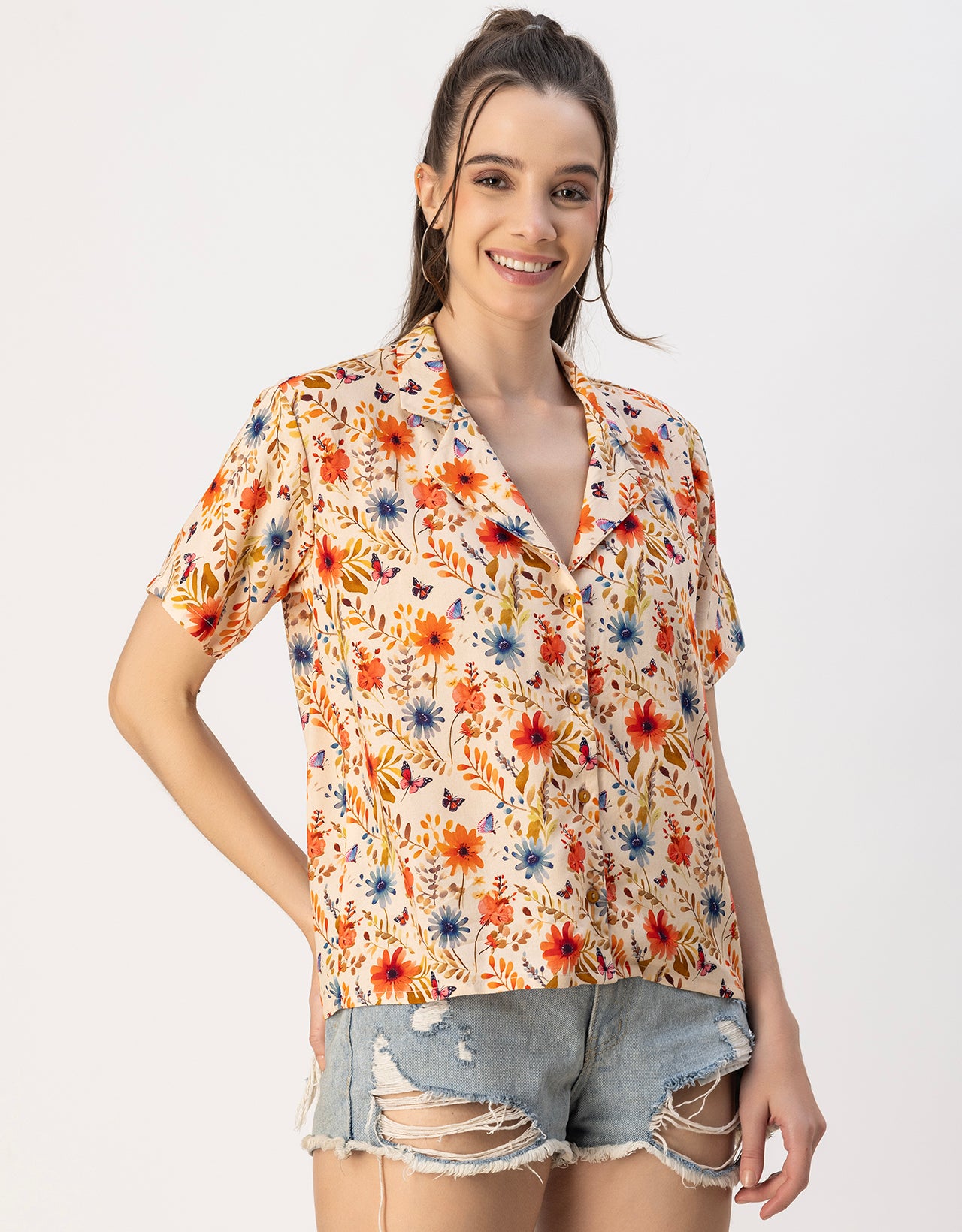 Short Sleeves Notch Collar Rayon Shirt