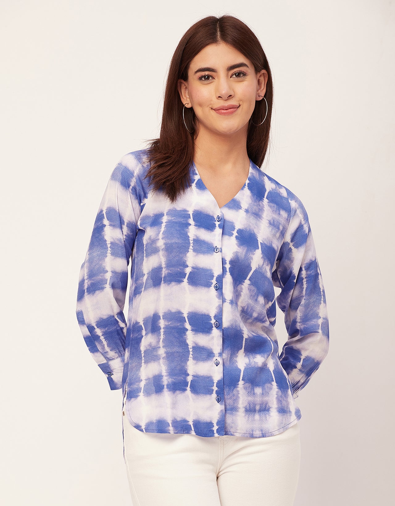 V Neck Long Sleeve Printed Rayon Shirt