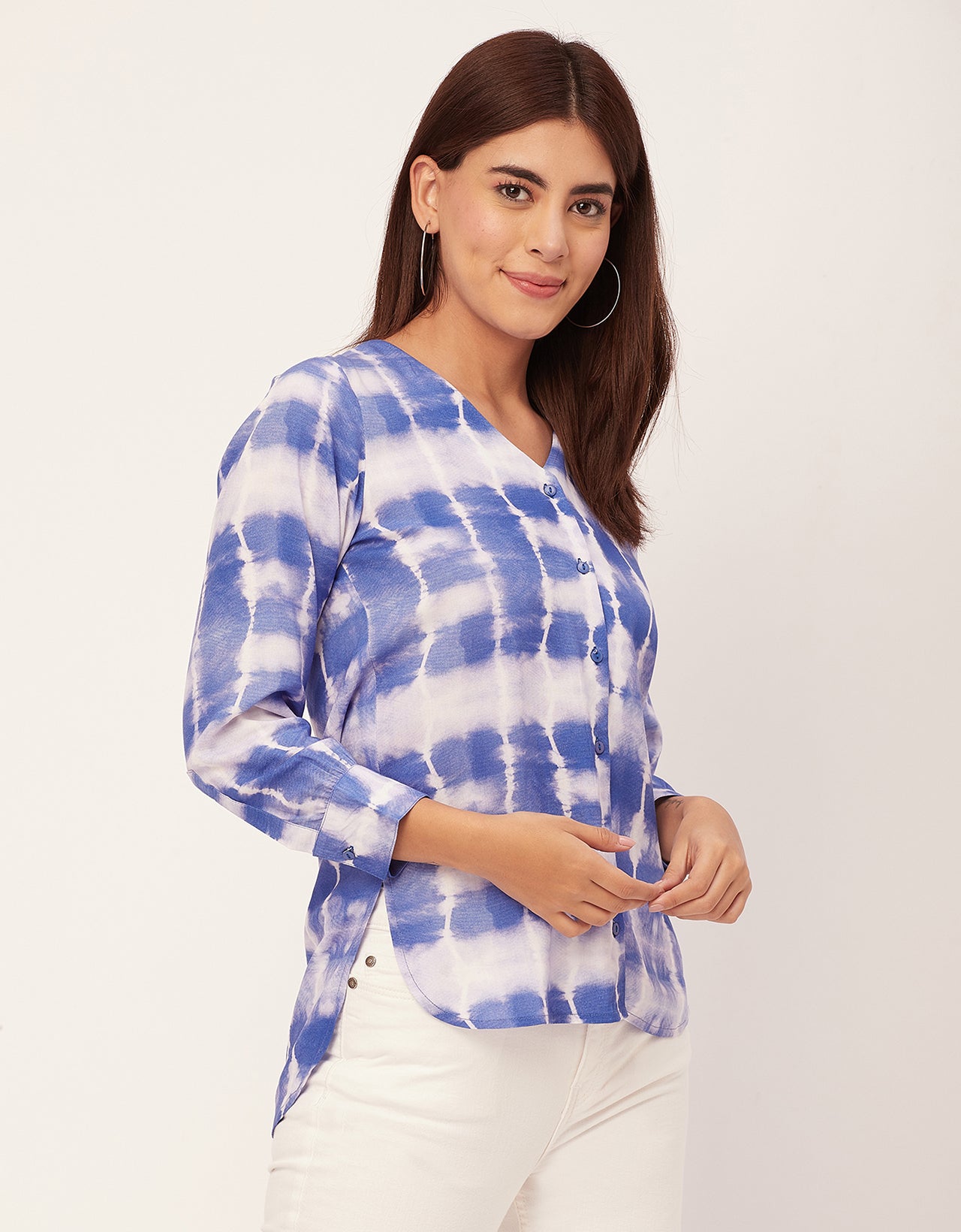 V Neck Long Sleeve Printed Rayon Shirt