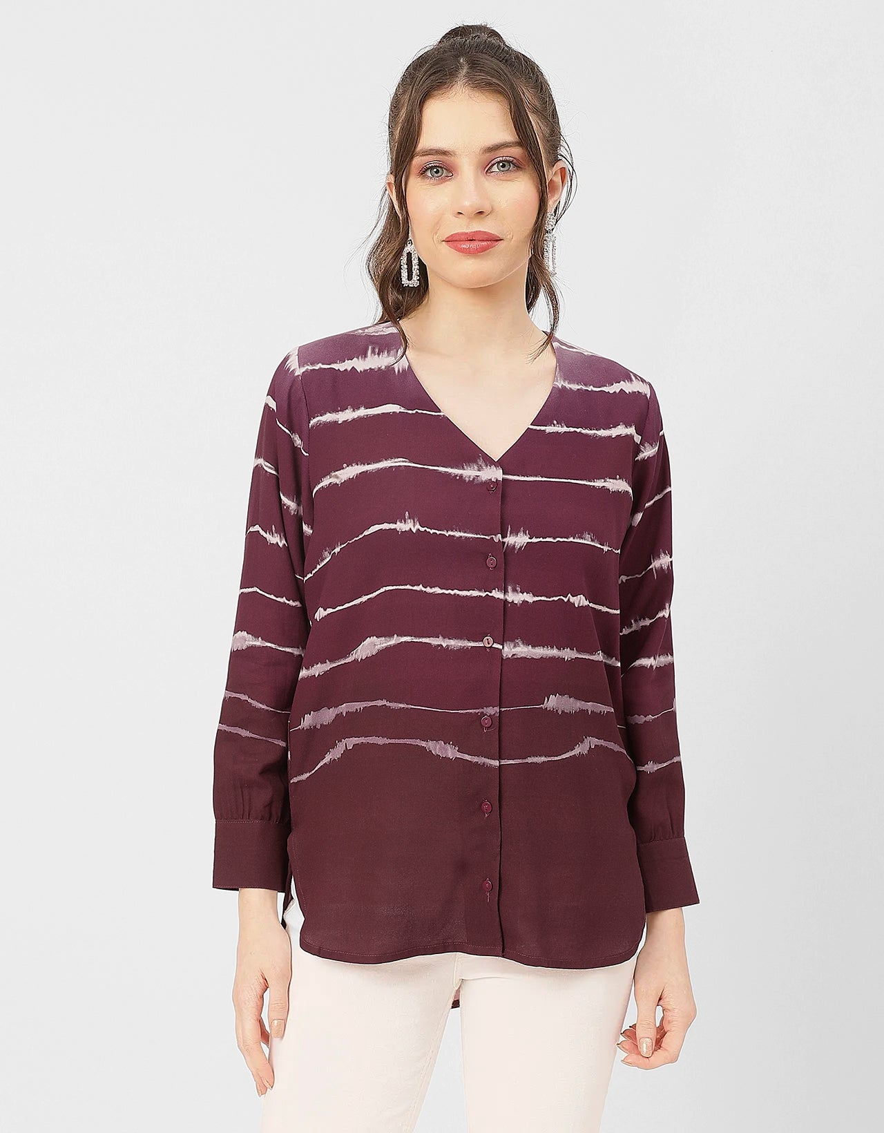 V Neck Long Sleeve Printed Rayon Shirt