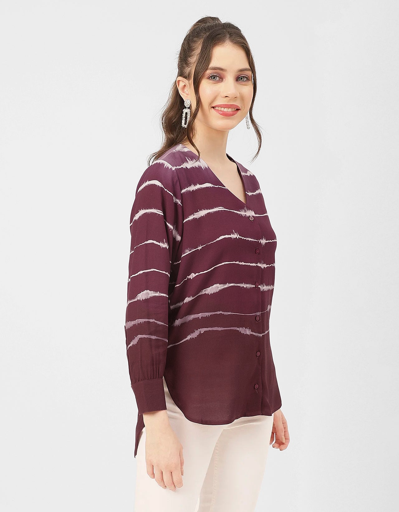 V Neck Long Sleeve Printed Rayon Shirt