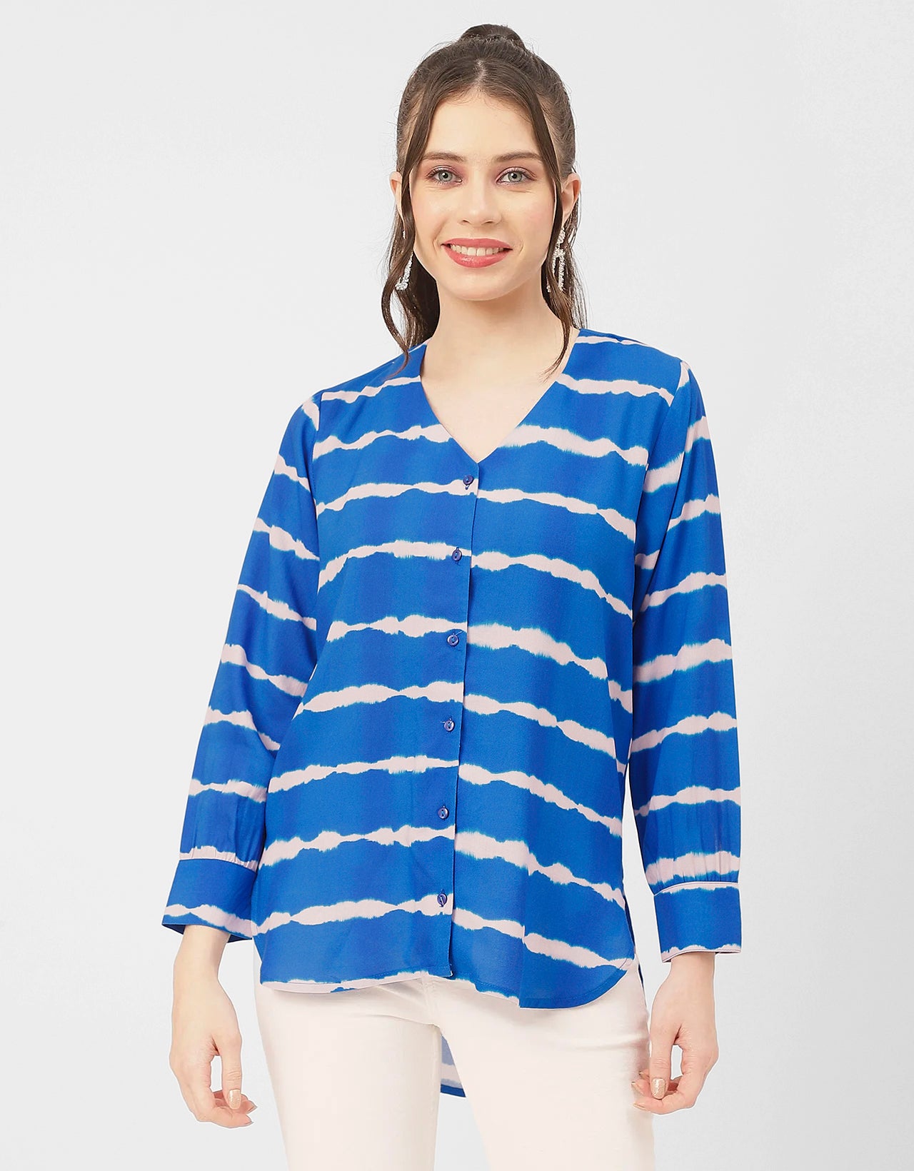 V Neck Long Sleeve Printed Rayon Shirt