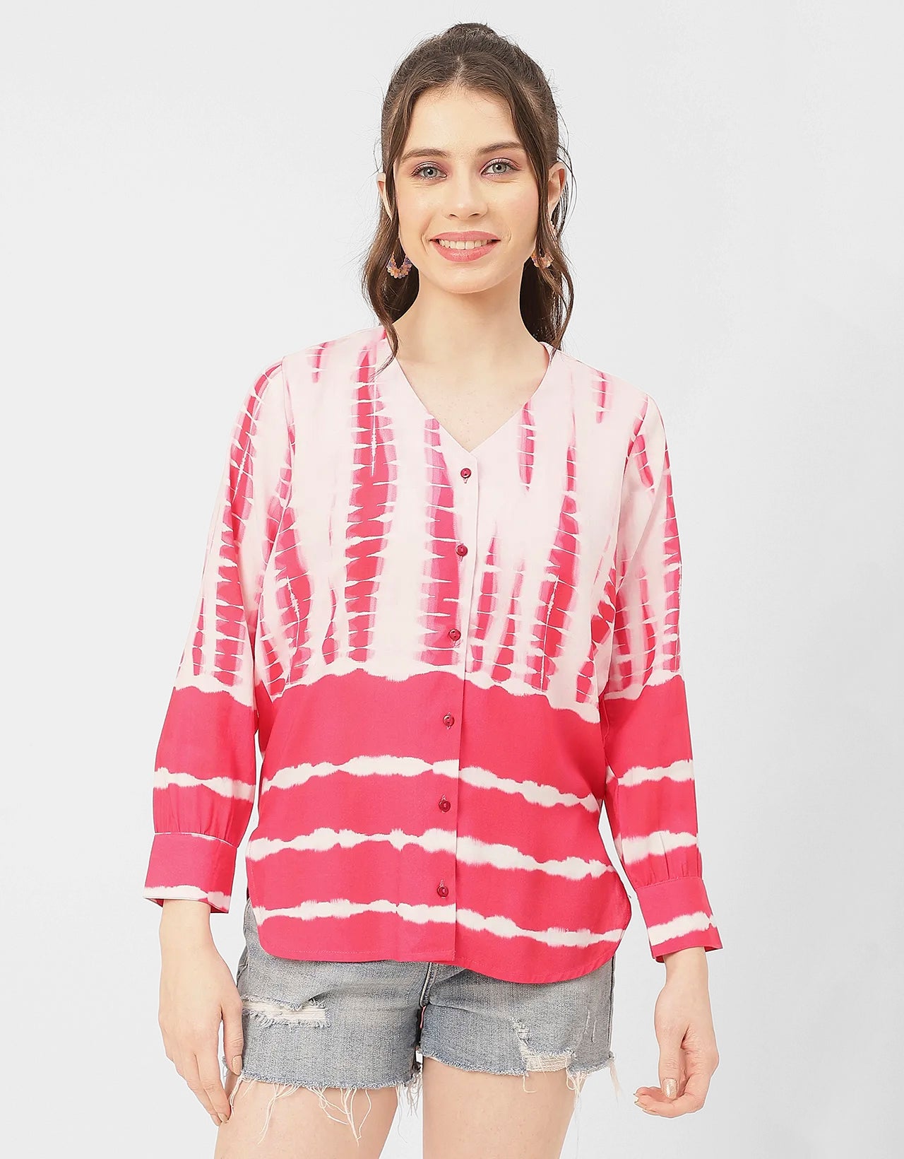 V Neck Long Sleeve Printed Rayon Shirt