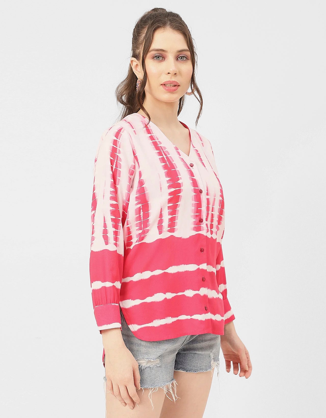 V Neck Long Sleeve Printed Rayon Shirt