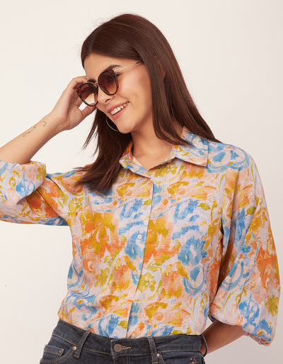 Bishop Sleeves Collar Printed Rayon Shirt