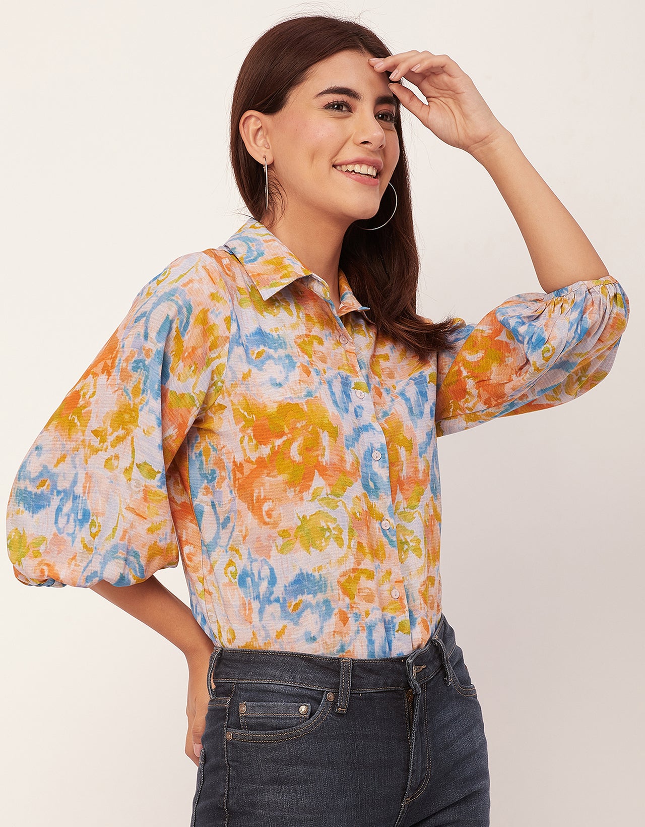 Bishop Sleeves Collar Printed Rayon Shirt