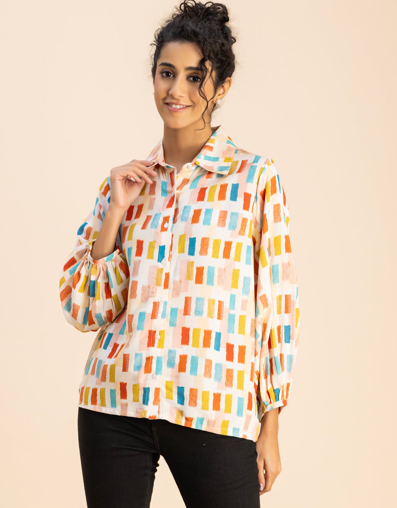 Bishop Sleeves Collar Printed Rayon Shirt