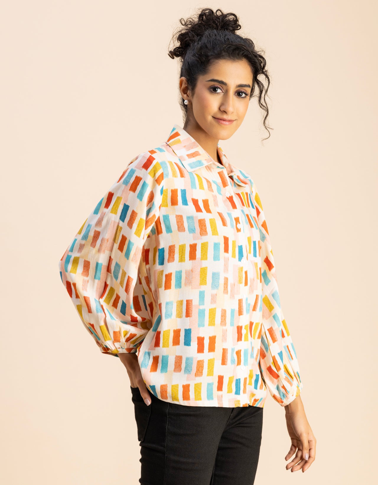 Bishop Sleeves Collar Printed Rayon Shirt