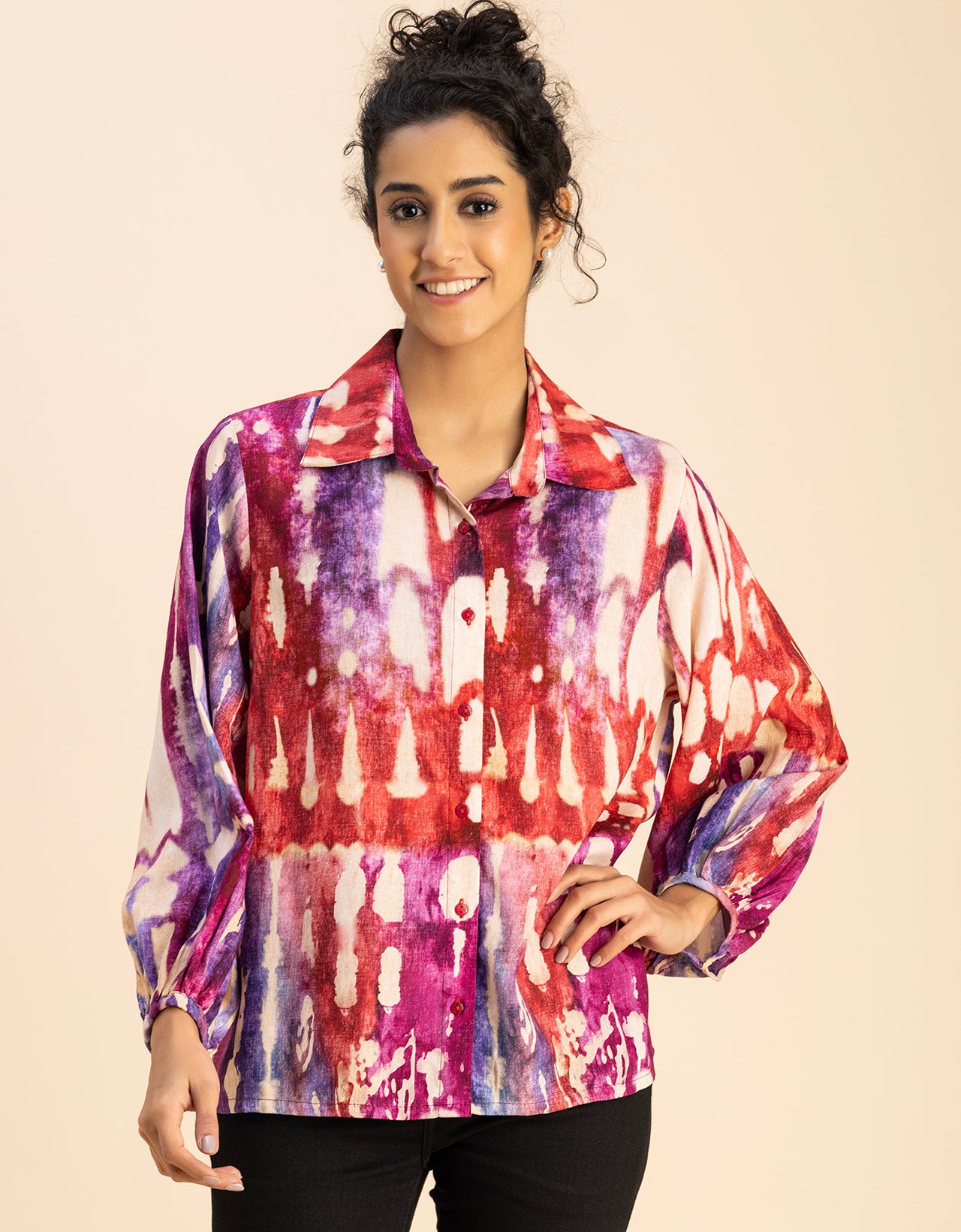 Bishop Sleeves Collar Printed Rayon Shirt