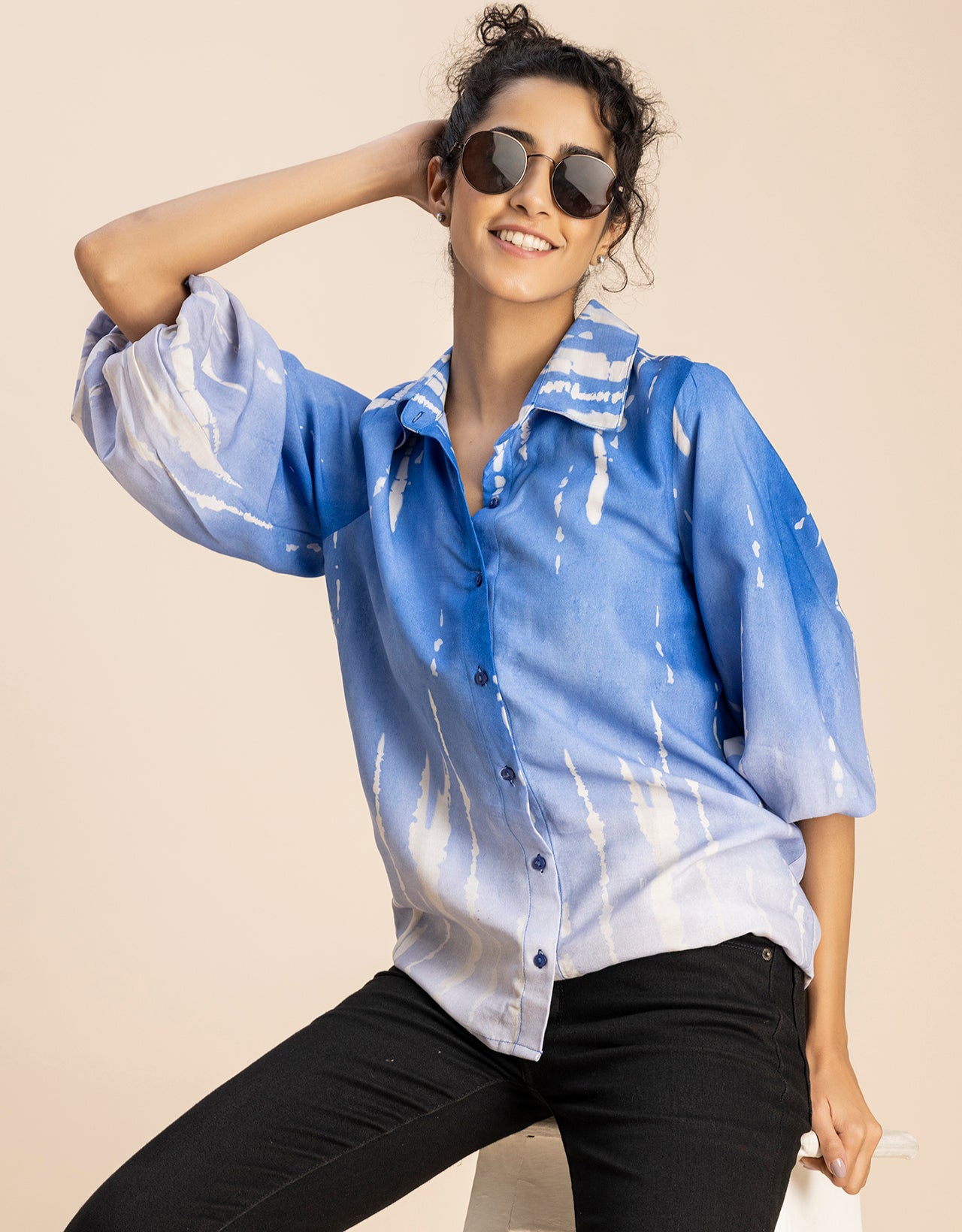 Bishop Sleeves Collar Printed Rayon Shirt