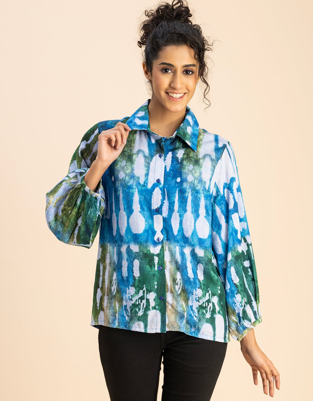 Bishop Sleeves Collar Printed Rayon Shirt