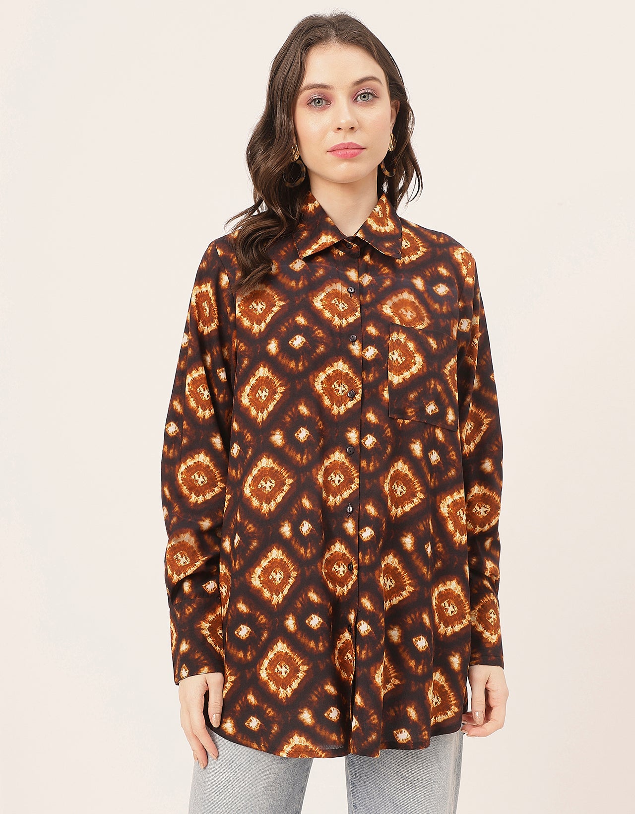 Long Sleeve Shirt Collar Printed Rayon Shirt