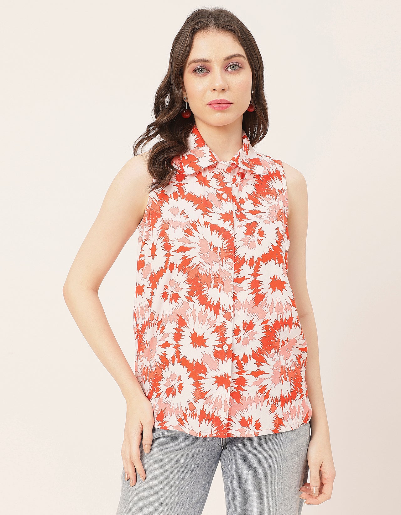 Sleeveless Shirt Collar Printed Rayon Shirt