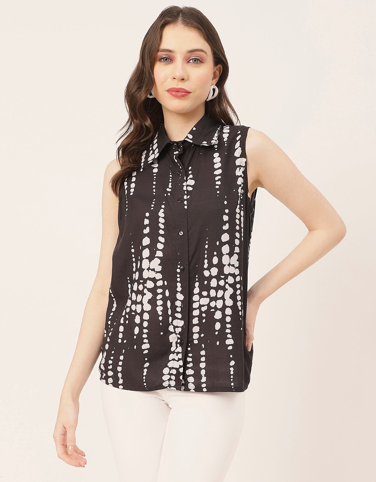 Sleeveless Shirt Collar Printed Rayon Shirt