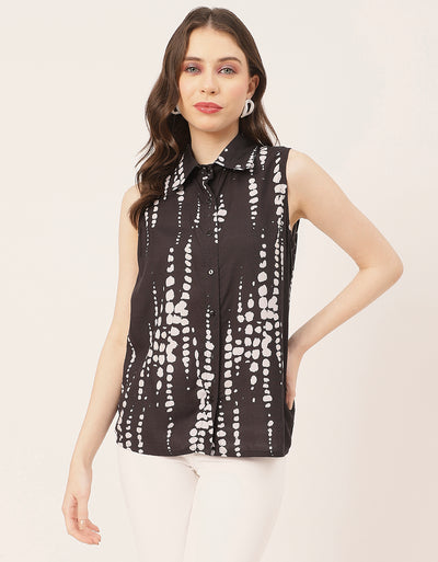 Sleeveless Shirt Collar Printed Rayon Shirt