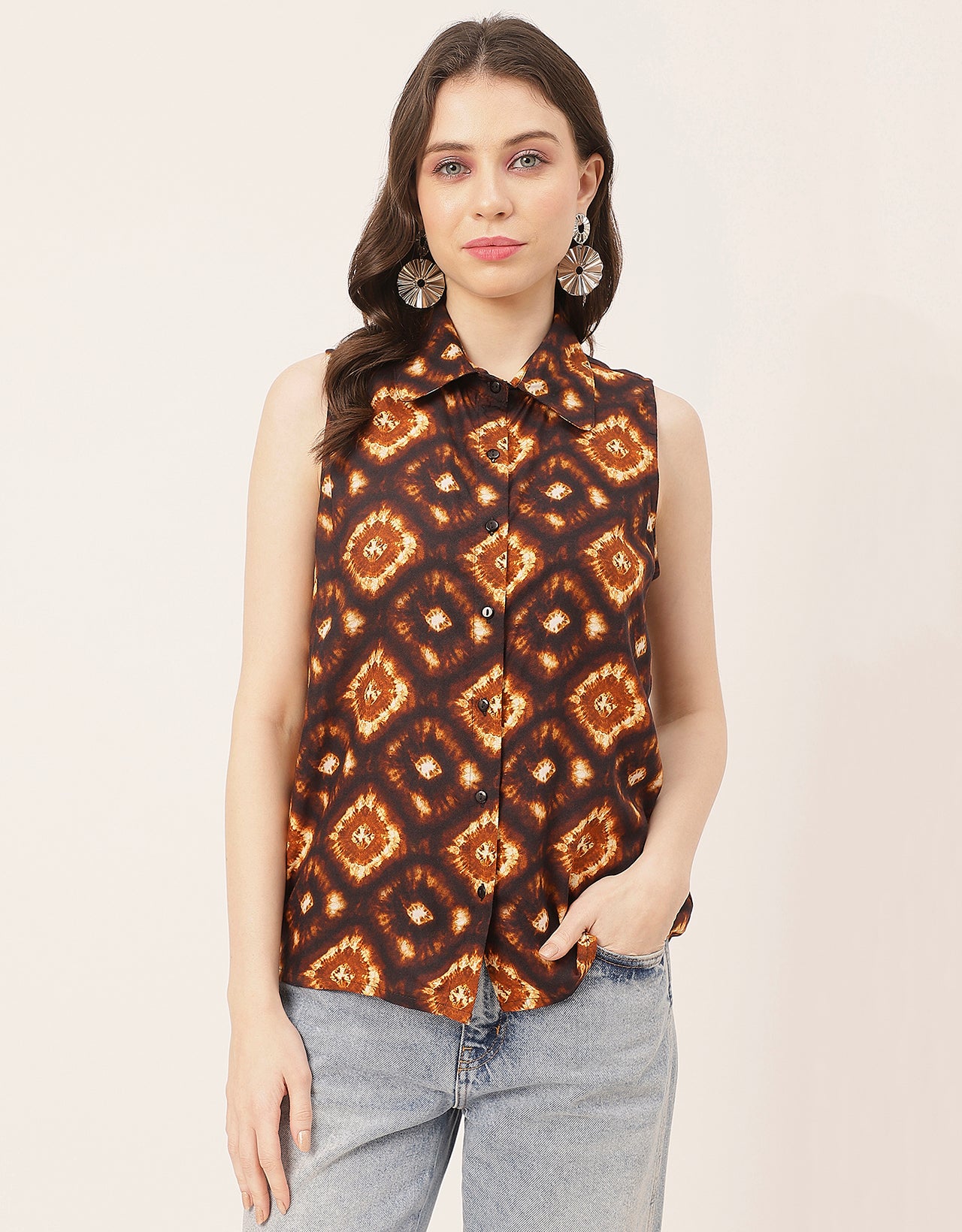 Sleeveless Shirt Collar Printed Rayon Shirt