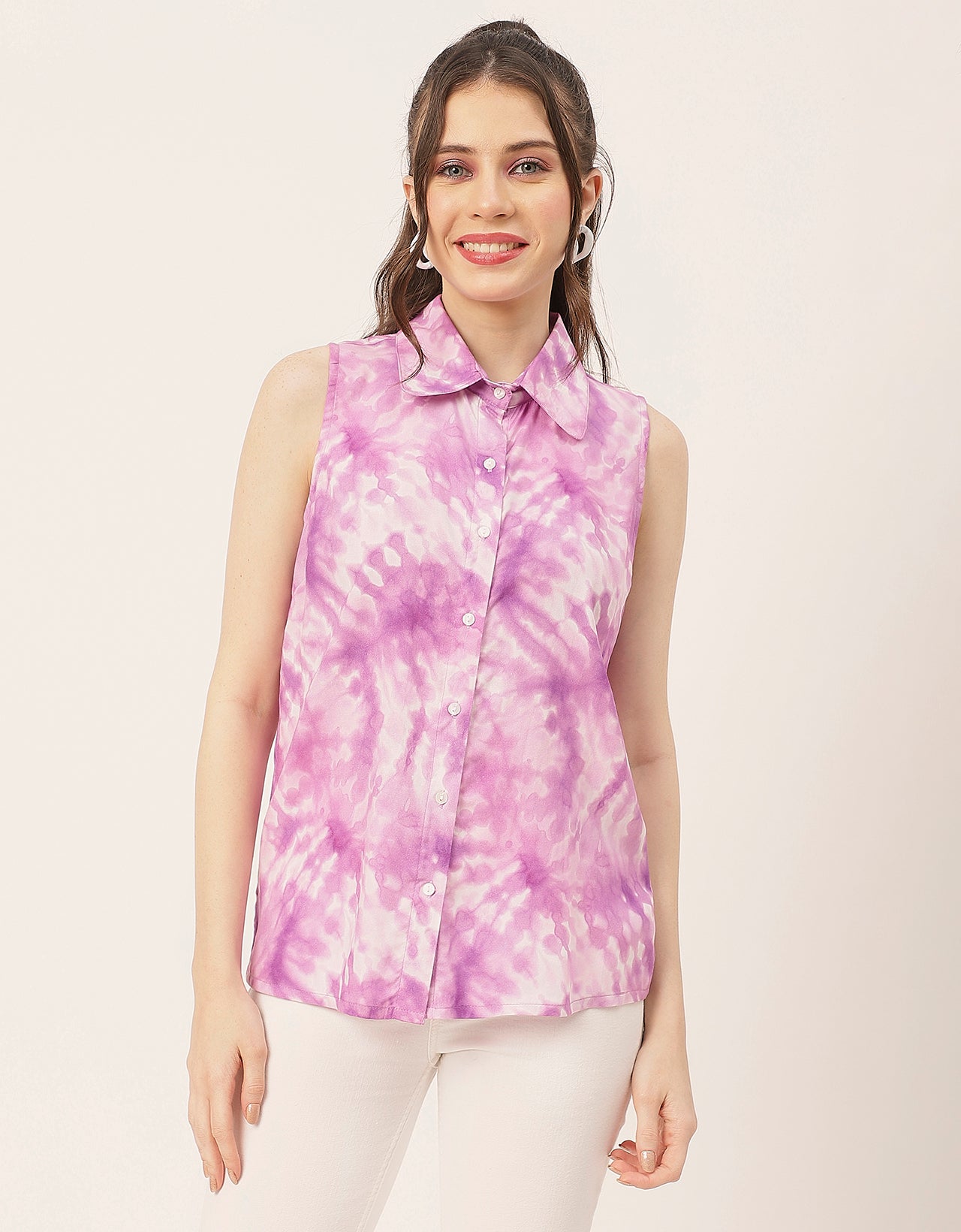 Sleeveless Shirt Collar Printed Rayon Shirt