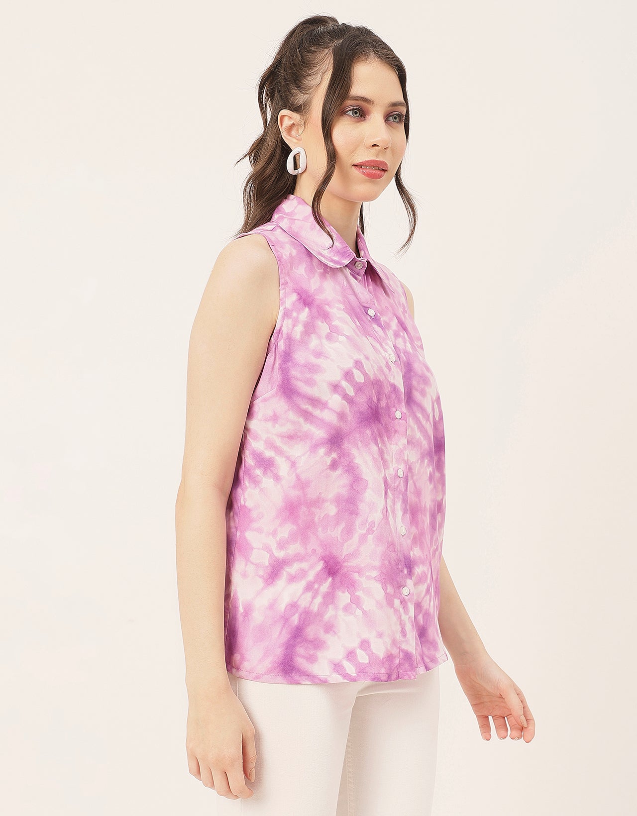 Sleeveless Shirt Collar Printed Rayon Shirt