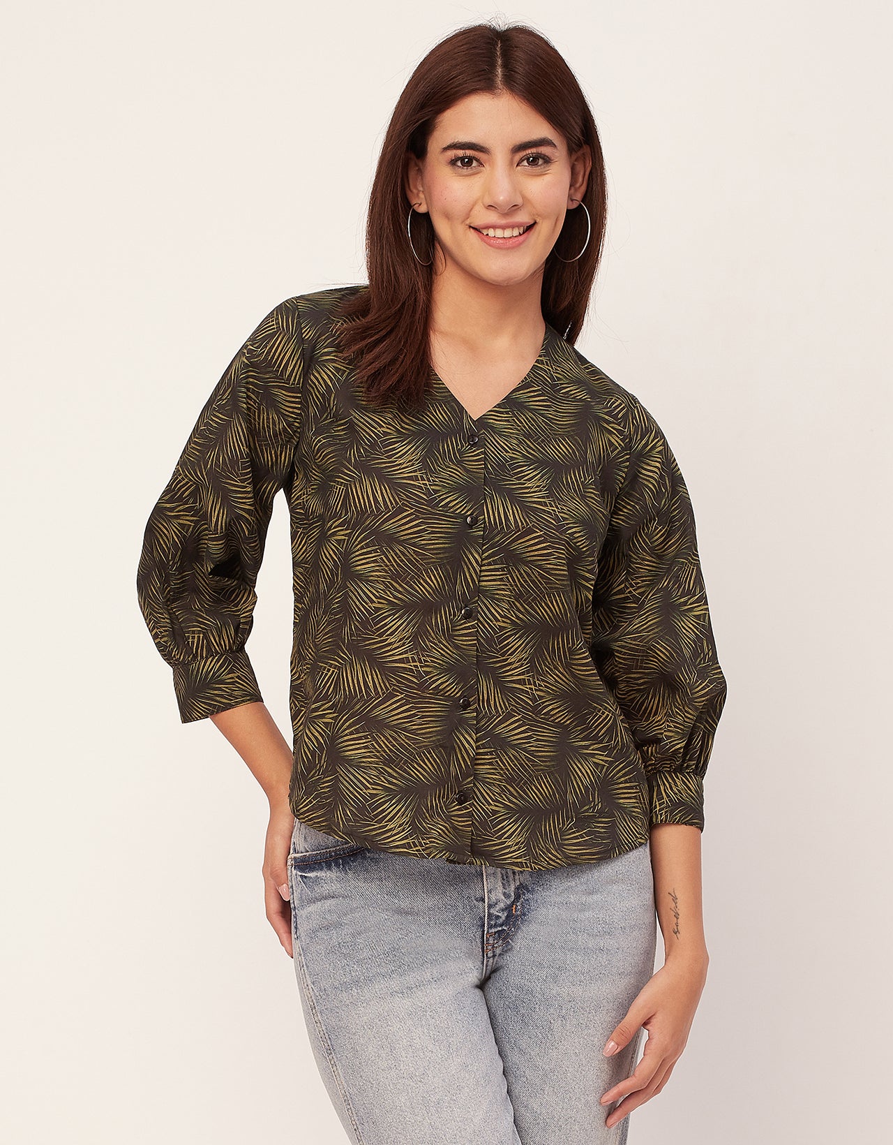 Chic Printed V Neck Cotton Shirt