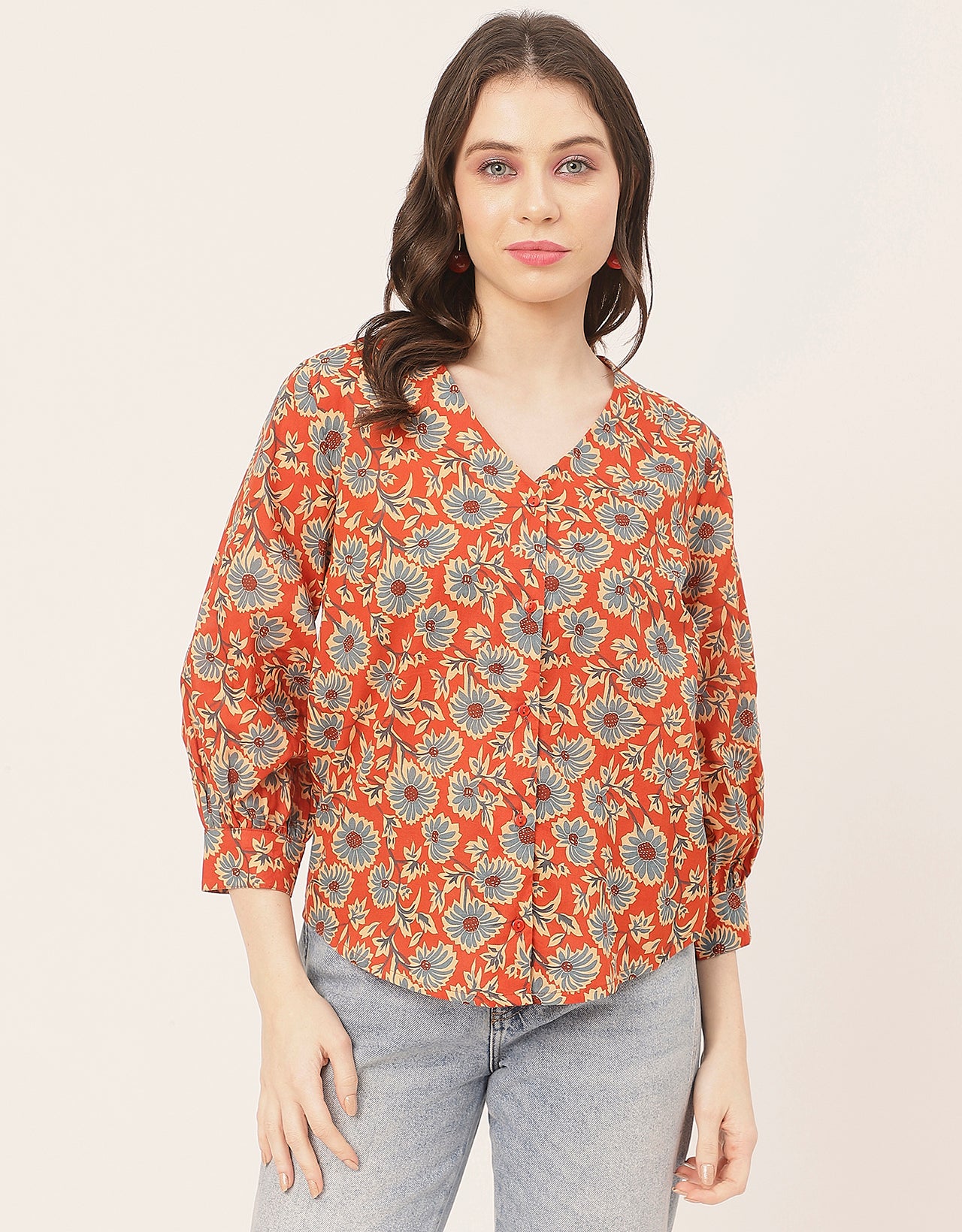 Chic Printed V Neck Cotton Shirt
