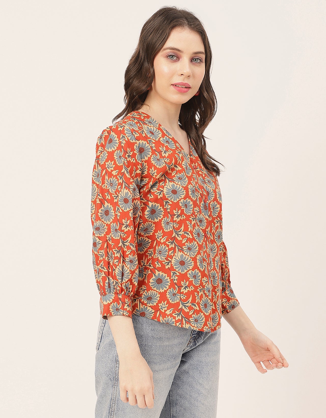 Chic Printed V Neck Cotton Shirt
