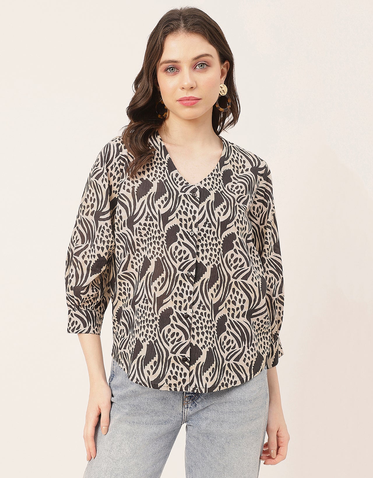 Chic Printed V Neck Cotton Shirt