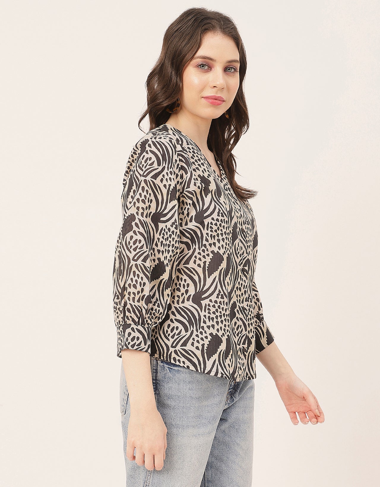 Chic Printed V Neck Cotton Shirt
