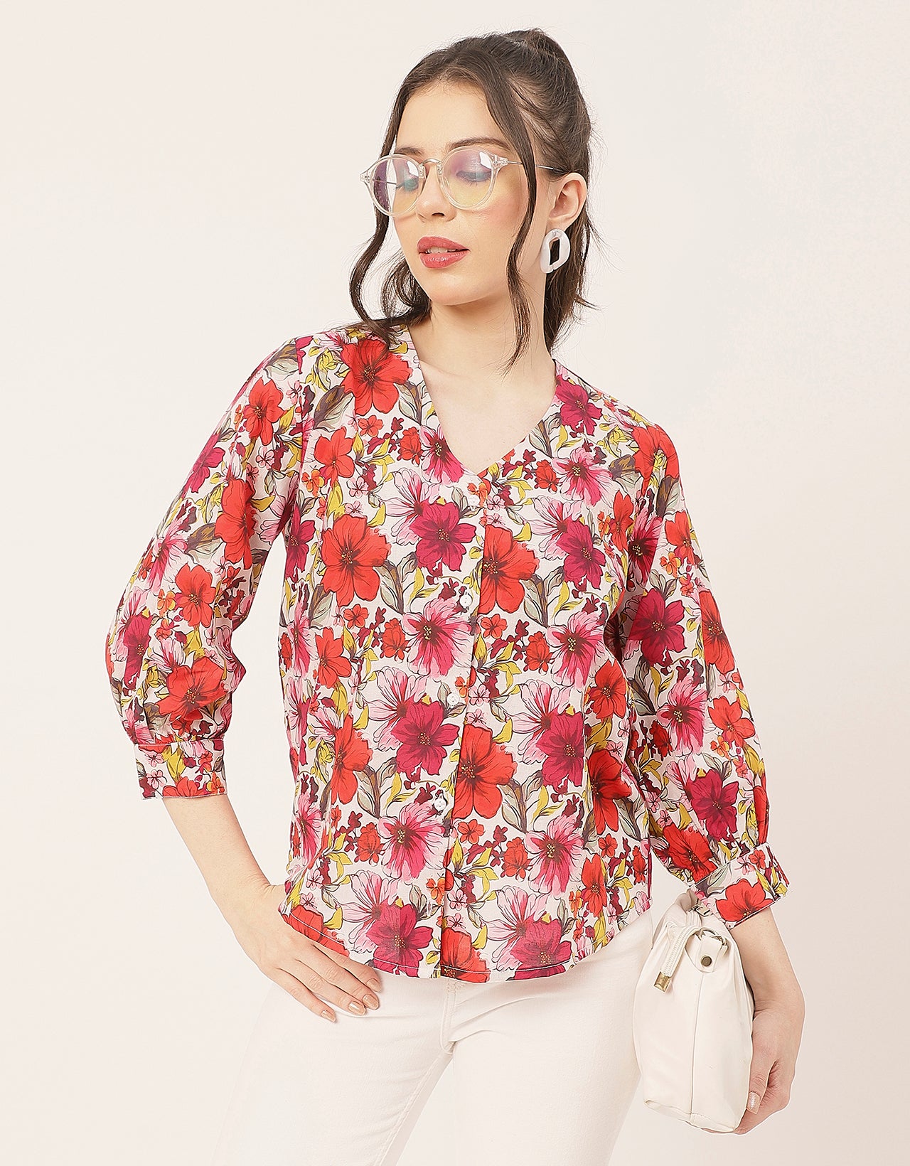 Chic Printed V Neck Cotton Shirt
