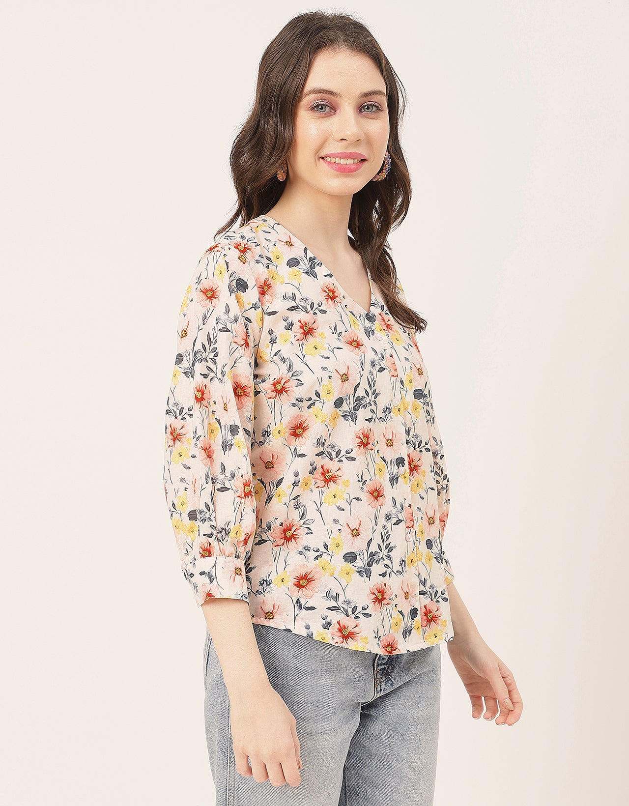 Chic Printed V Neck Cotton Shirt
