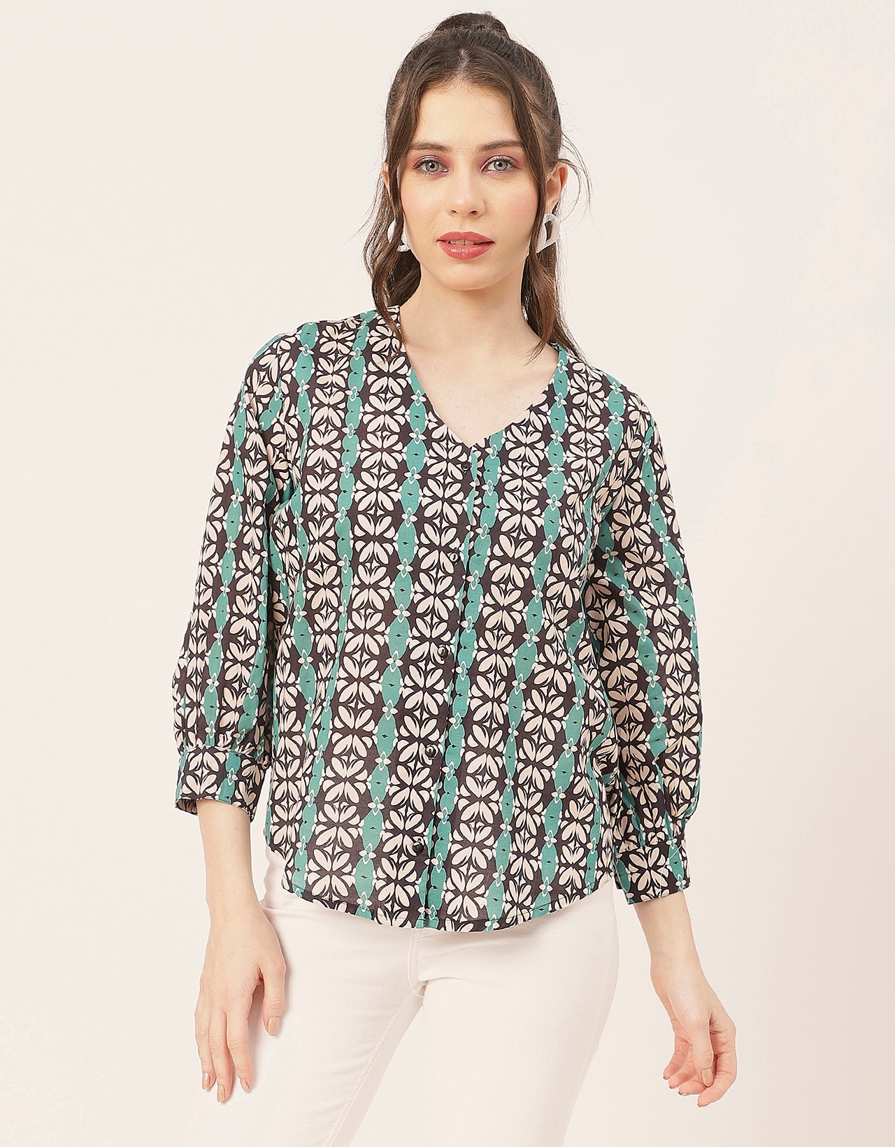 Chic Printed V Neck Cotton Shirt
