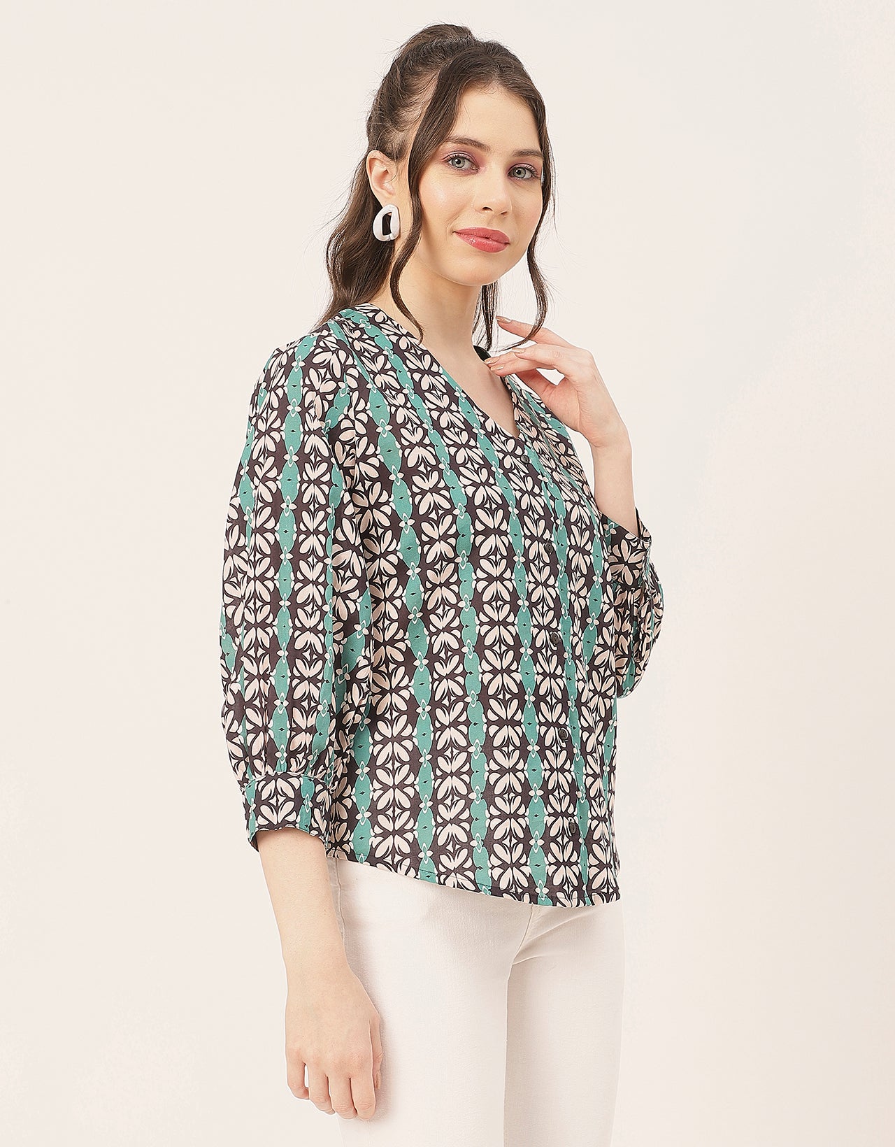 Chic Printed V Neck Cotton Shirt