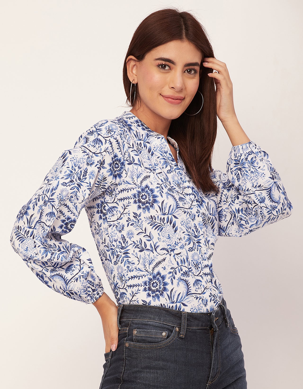 Stylish Bishop Sleeves Cotton Shirt