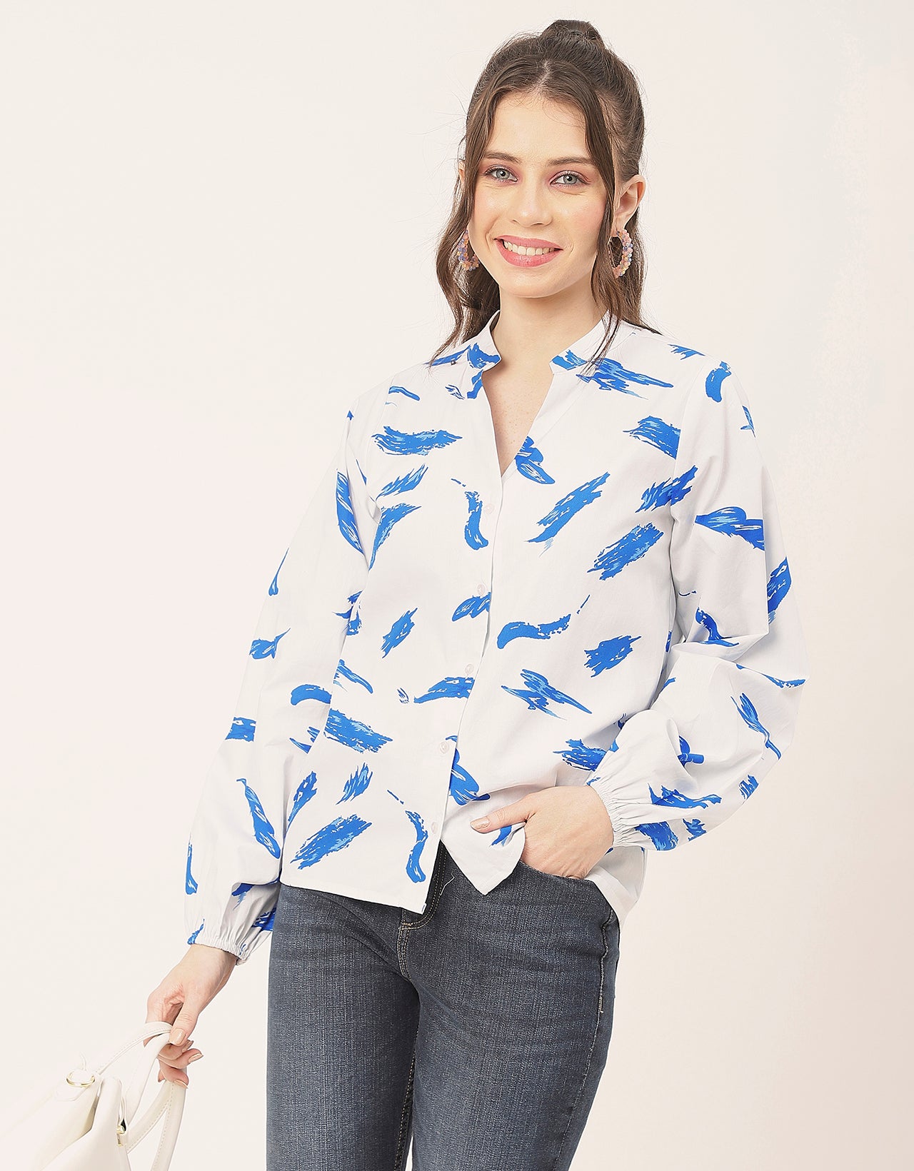 Stylish Bishop Sleeves Cotton Shirt