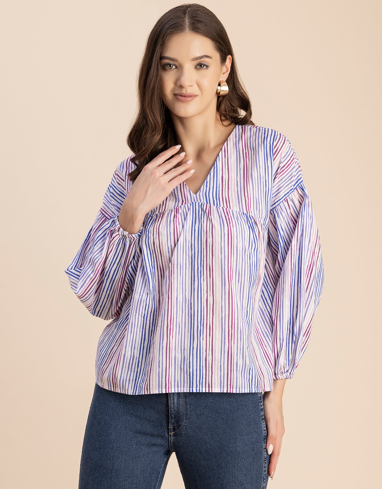 Bohemian Cotton Long Sleeve V Neck Top