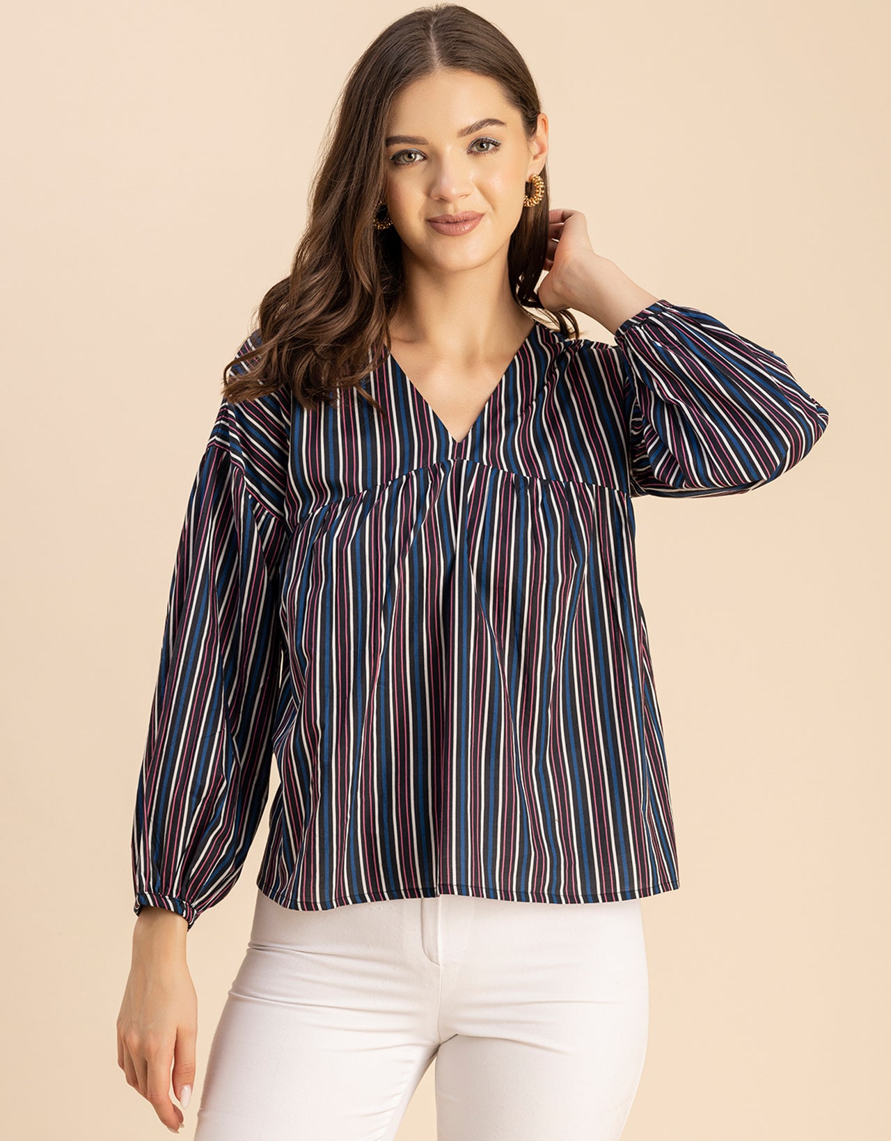 Bohemian Cotton Long Sleeve V Neck Top