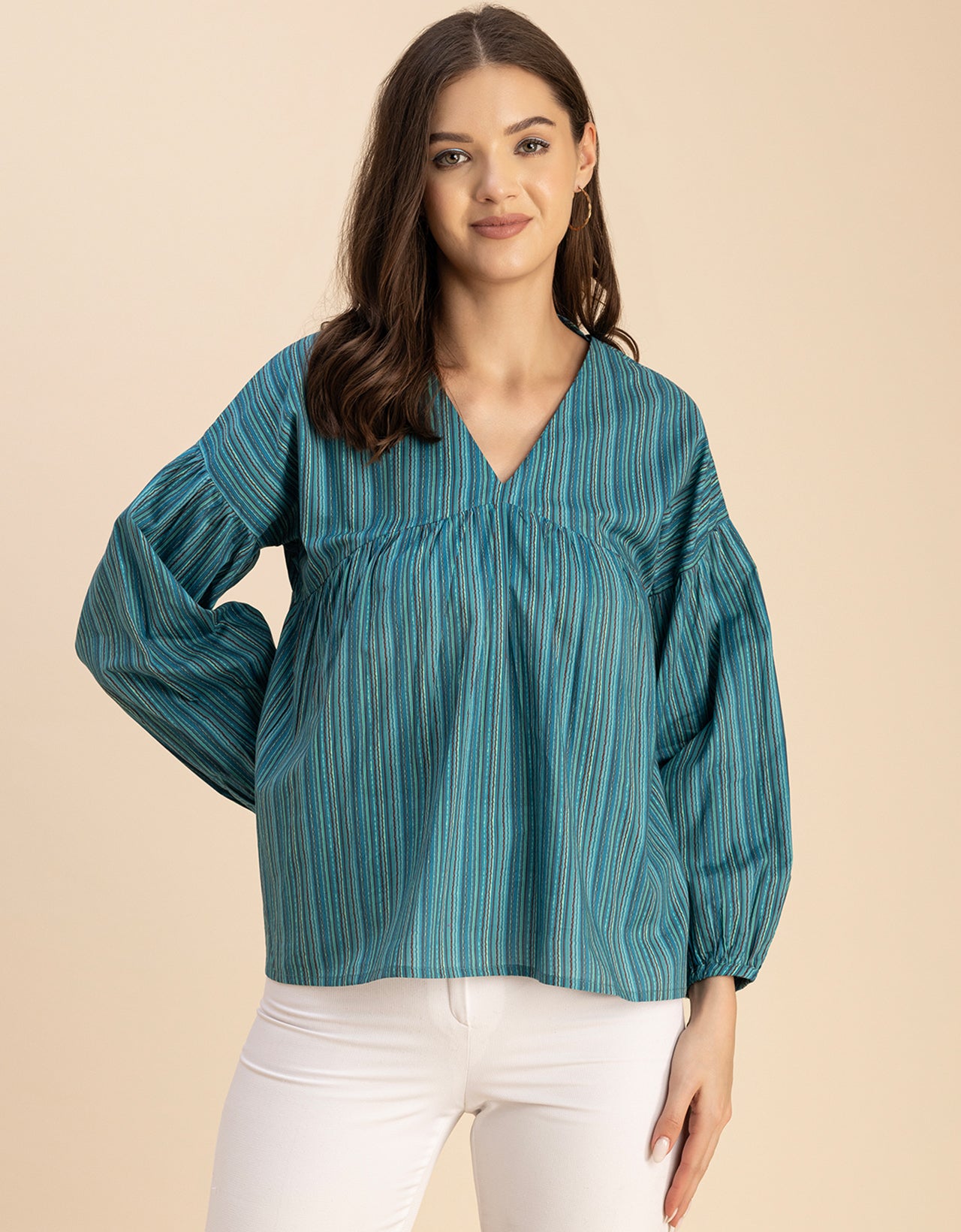 Bohemian Cotton Long Sleeve V Neck Top