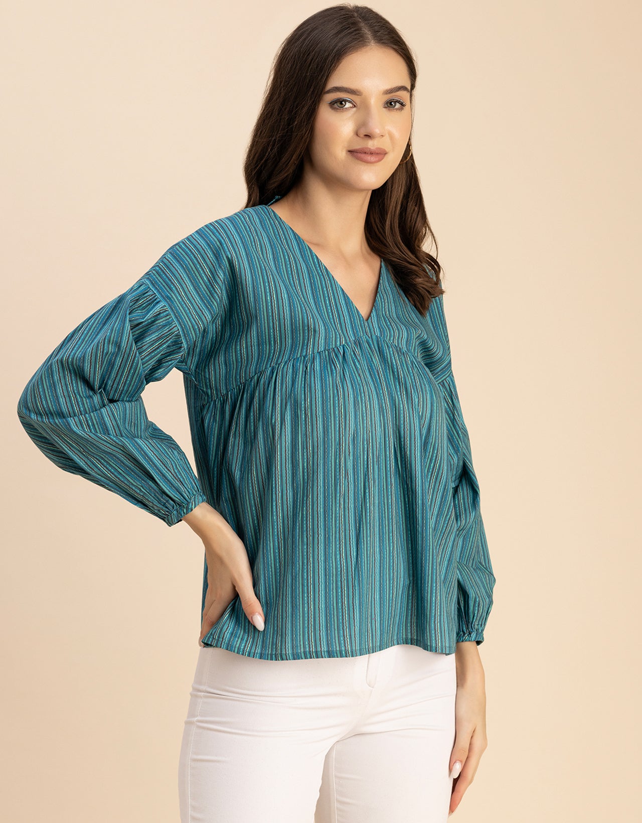 Bohemian Cotton Long Sleeve V Neck Top