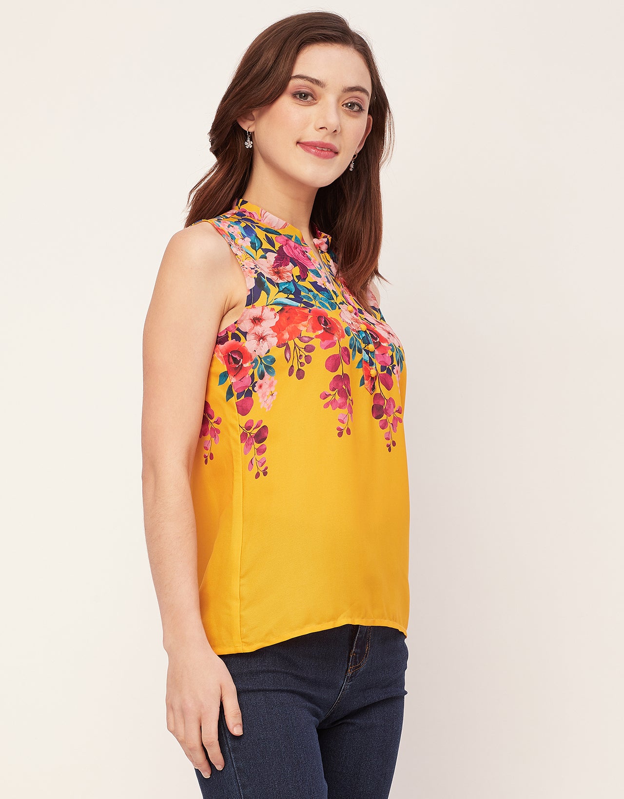 Sleeveless Mandarin Collar Printed Georgette Top