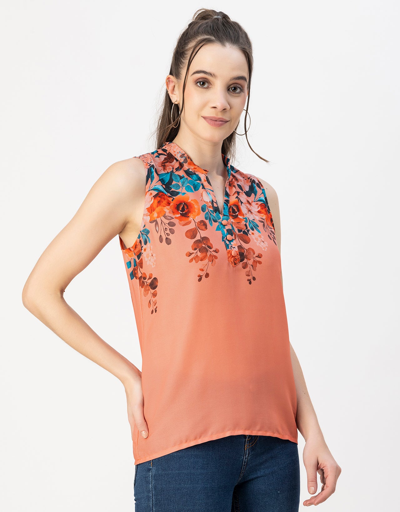 Sleeveless Mandarin Collar Printed Georgette Top