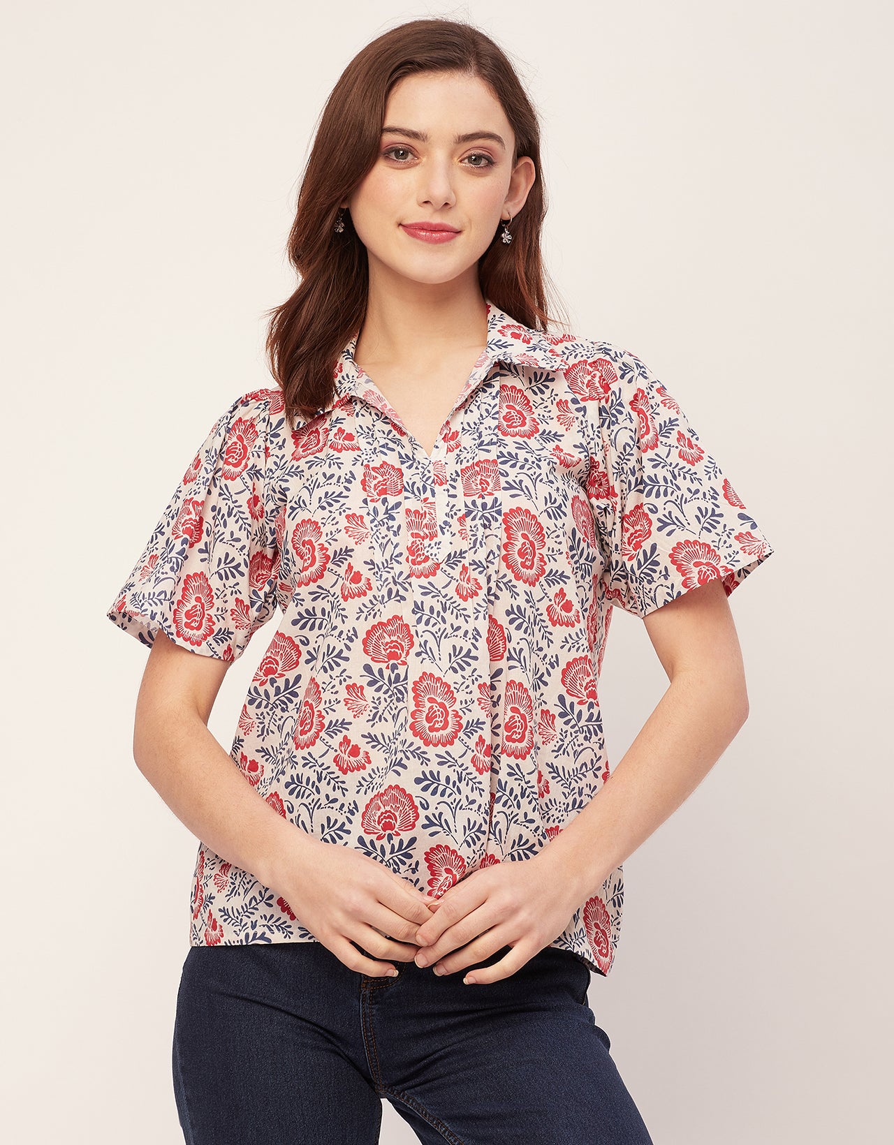 Spread Collar Pin Tucks Cotton Top
