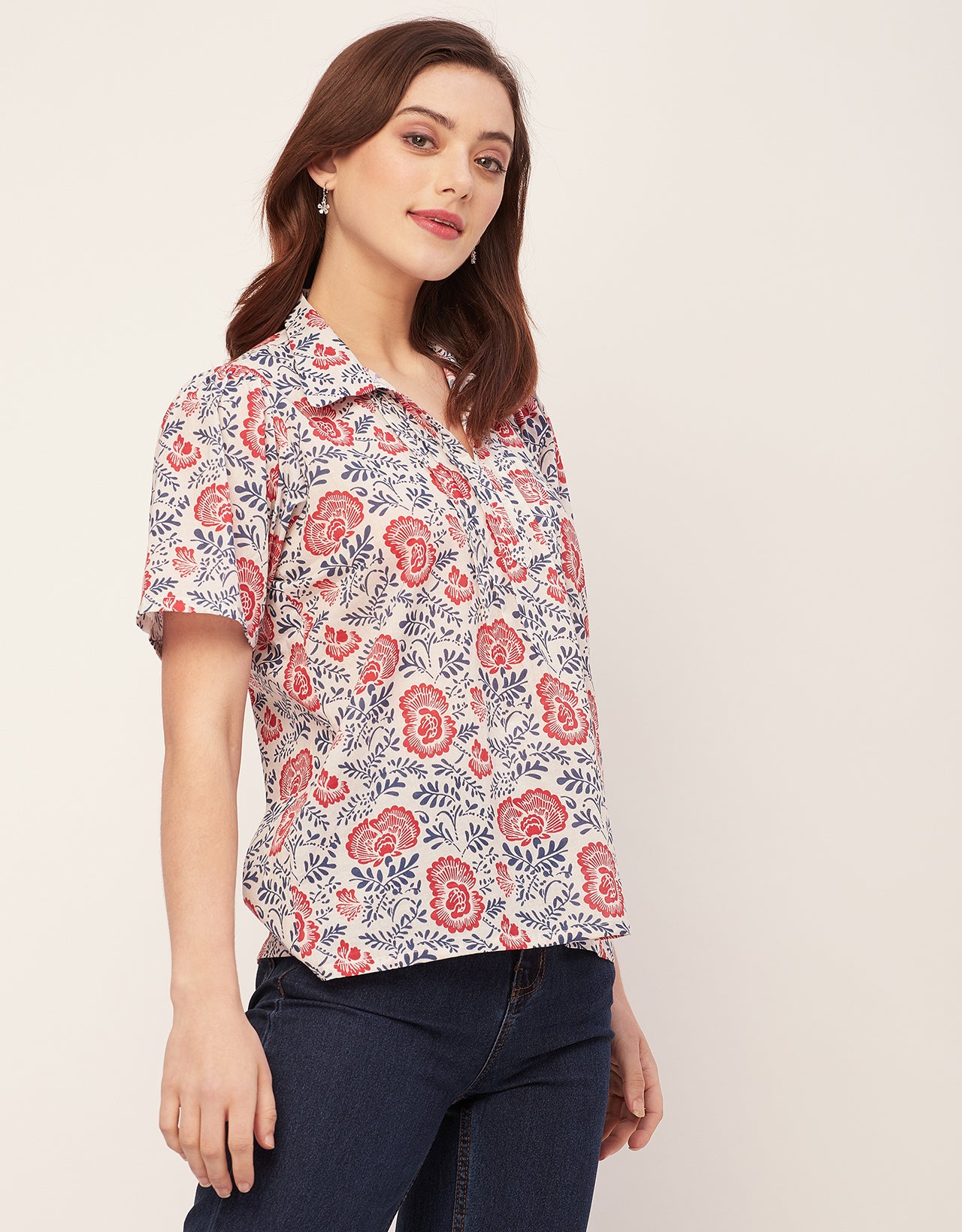 Spread Collar Pin Tucks Cotton Top