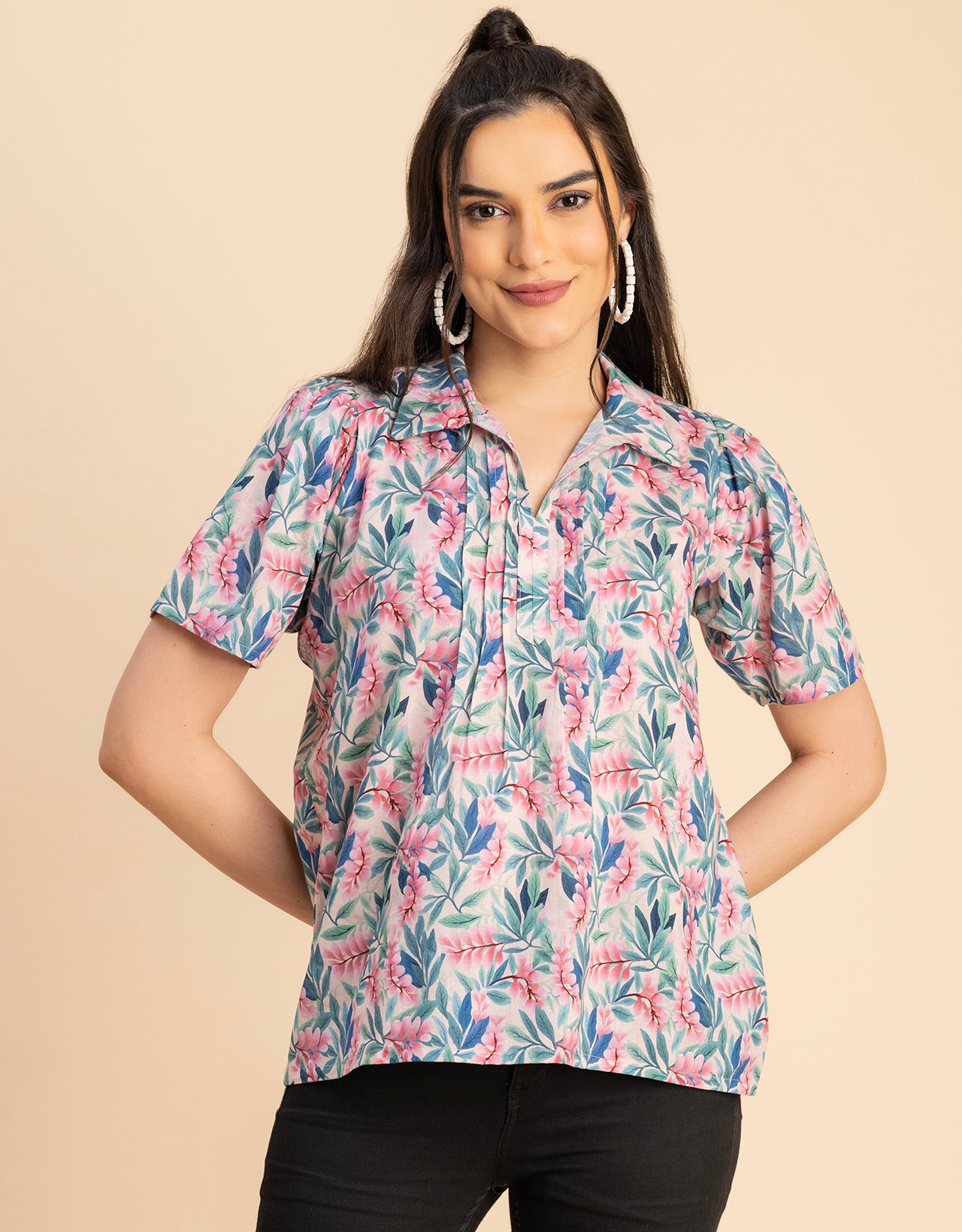 Spread Collar Pin Tucks Cotton Top