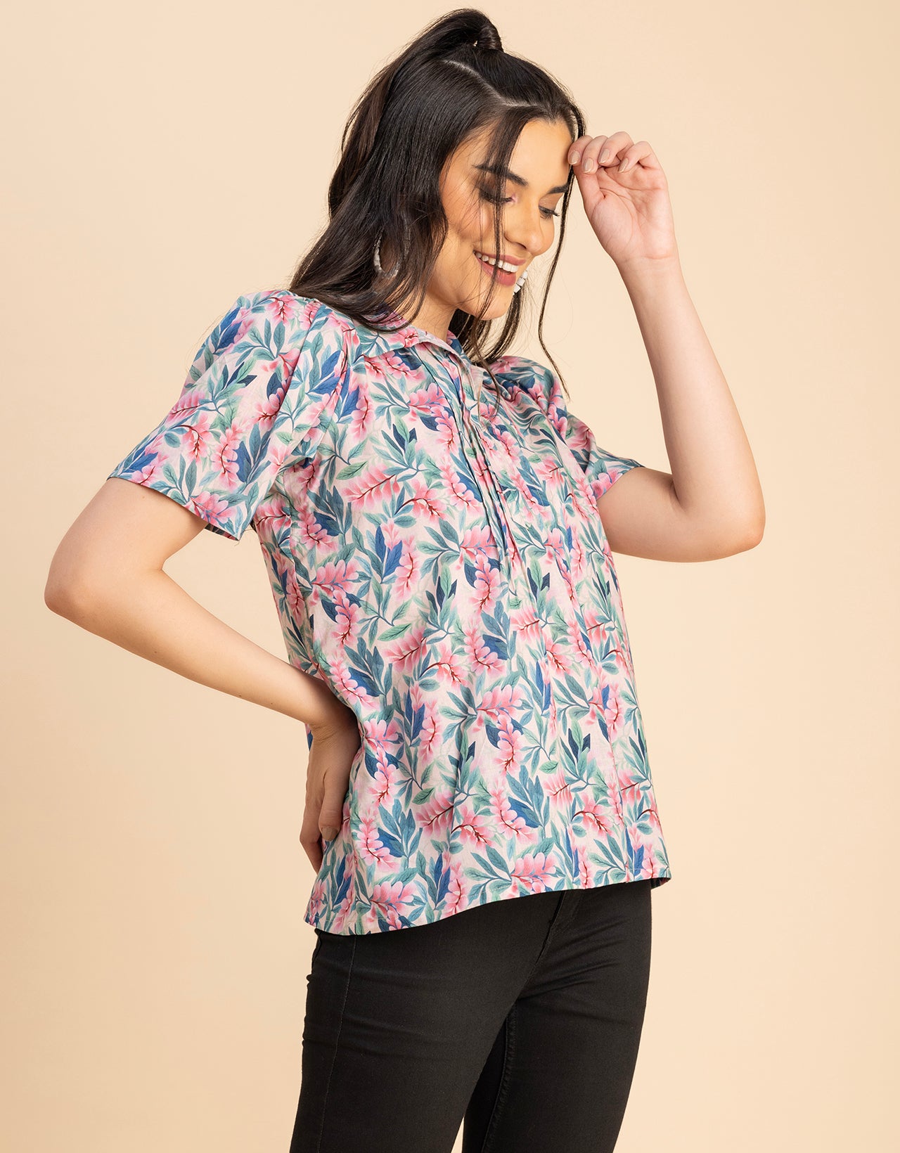 Spread Collar Pin Tucks Cotton Top